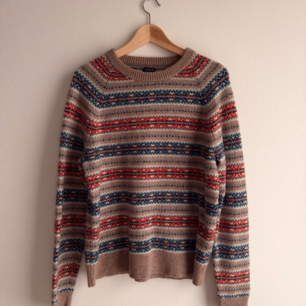 J. Crew Beige Fair Isle Crewneck Sweater with Red & Blue Stripes